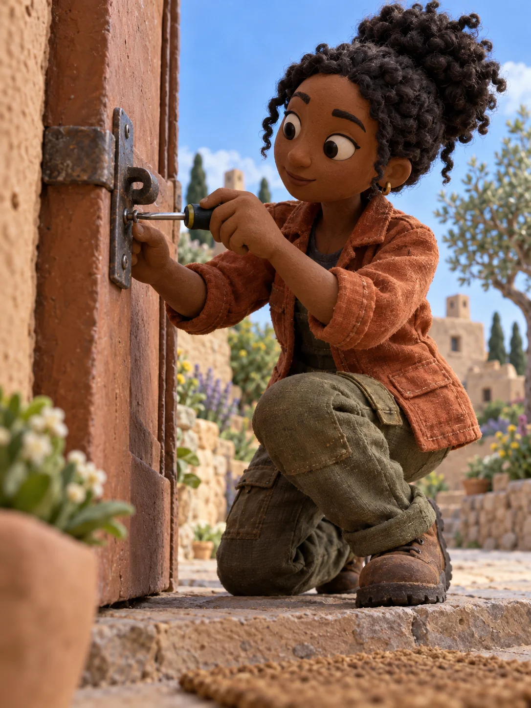 A clay carpenter in a green apron, seen from a second angle, fitting a door latch