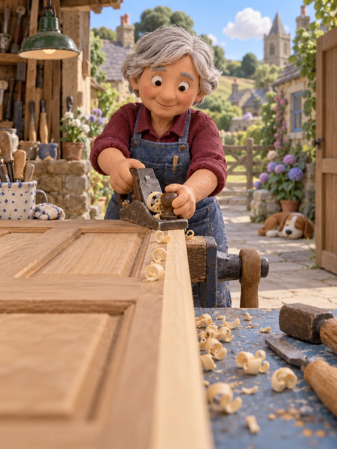 A clay joiner, seen from a second angle, planing the edge of a wooden door