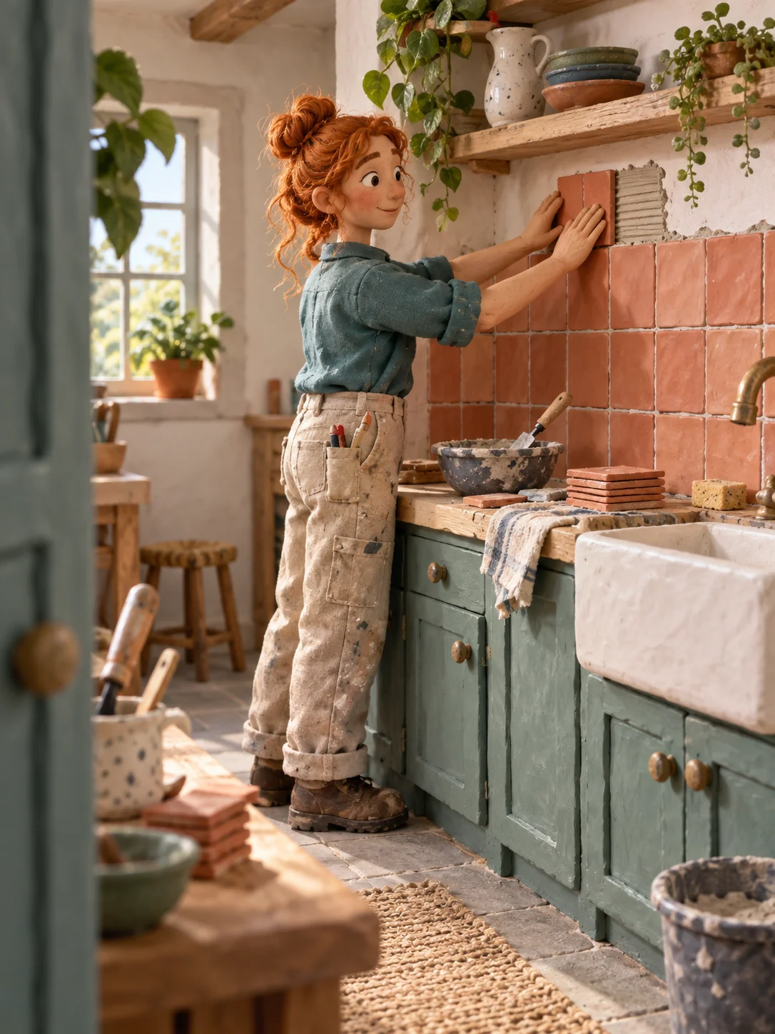 A clay tiler pressing a terracotta floor tile into place