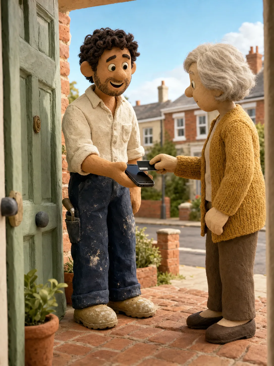 A clay plasterer on a front doorstep holding out his phone while a homeowner taps her bank card on it to pay