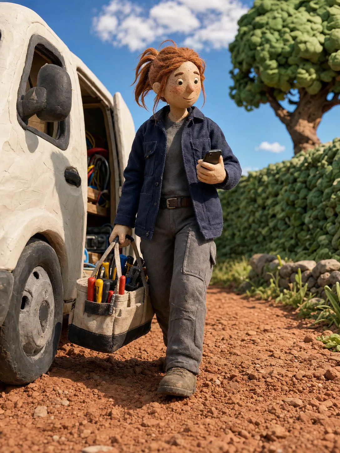 A clay electrician walking back to her van, phone in one hand and toolbag in the other