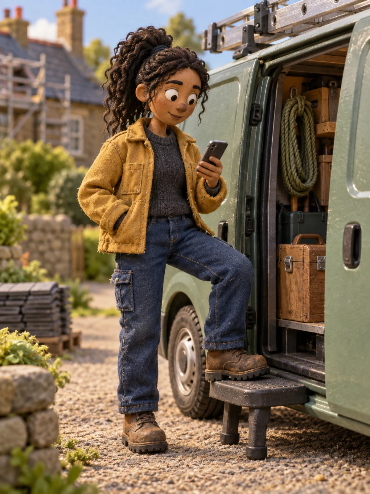 A clay tradeswoman checking her phone beside an open work van