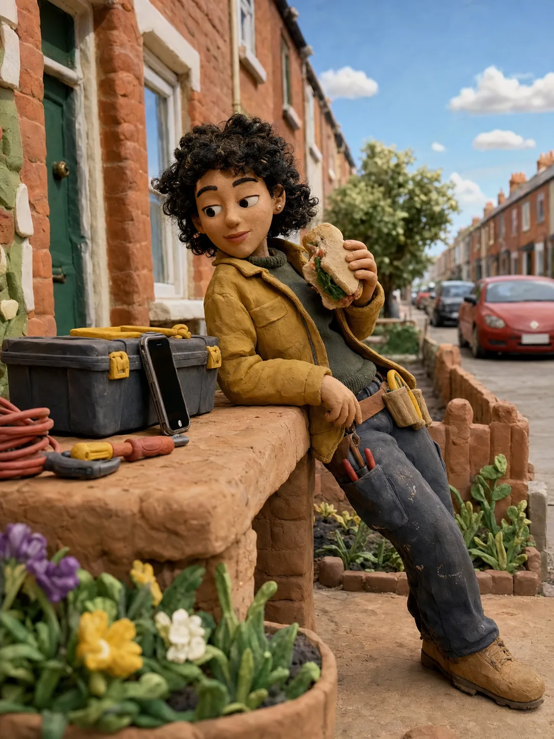 A clay tradeswoman on a sandwich break, leaning on a garden wall beside her toolbox and phone