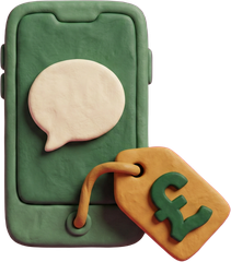 A phone showing a message beside a price tag