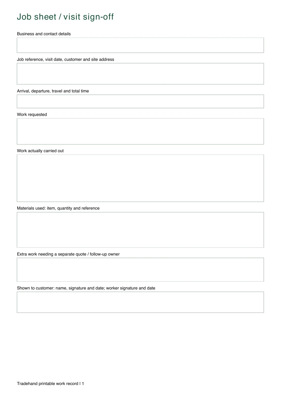 First page of the Job Sheet Template PDF rendered by Tradehand