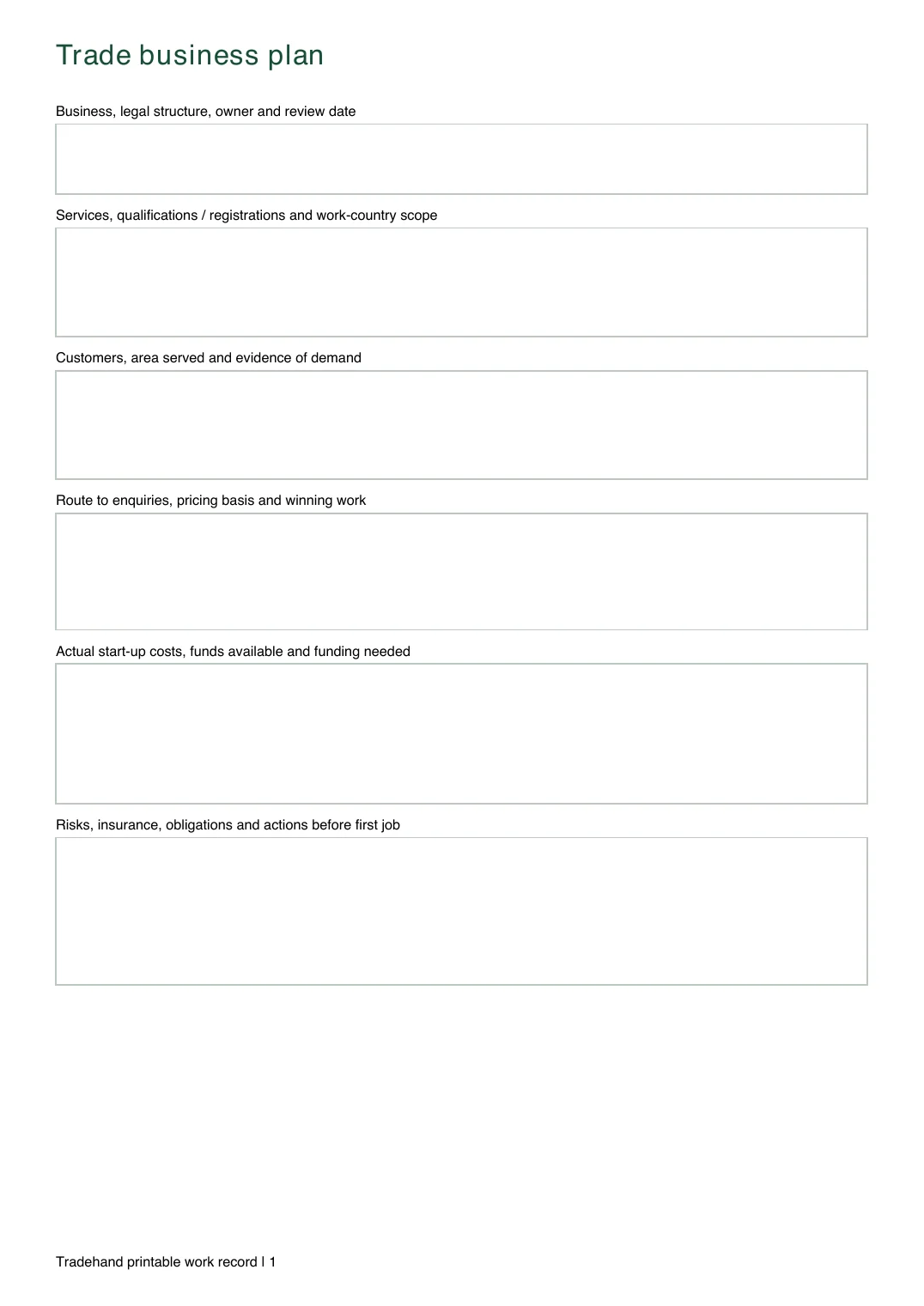 First page of the Free Trade Business Plan Template UK (PDF) PDF rendered by Tradehand