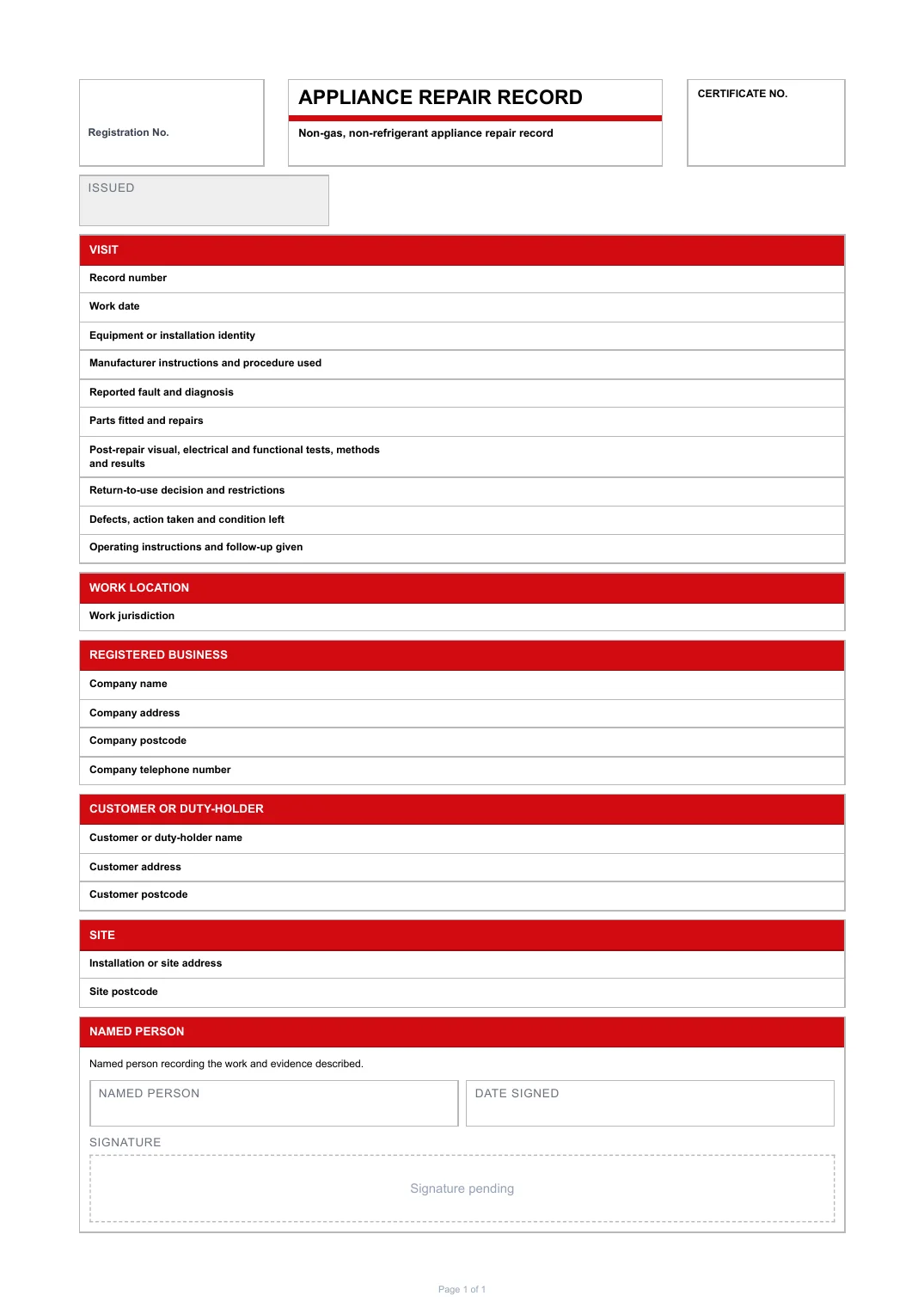 First page of the Appliance repair record PDF rendered by Tradehand