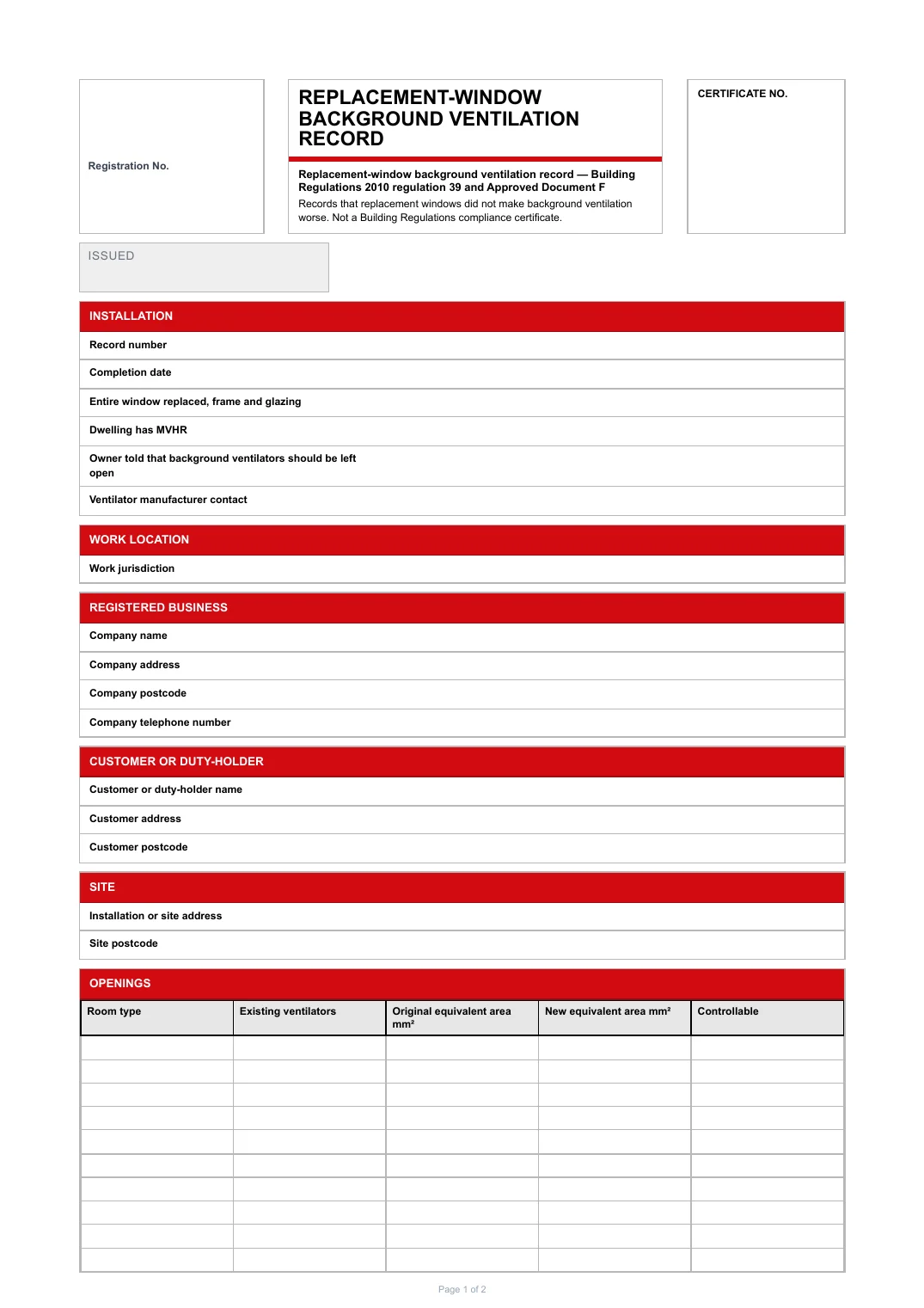 First page of the Replacement-Window Background Ventilation Record PDF rendered by Tradehand