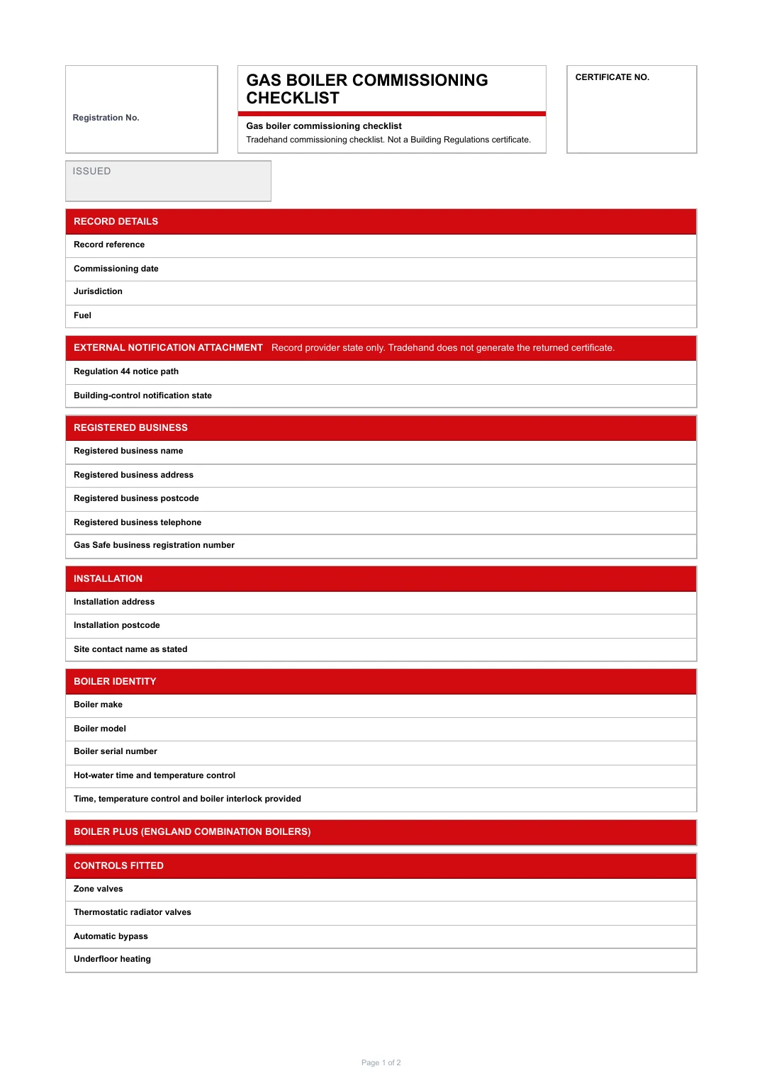 First page of the Gas boiler commissioning checklist PDF rendered by Tradehand