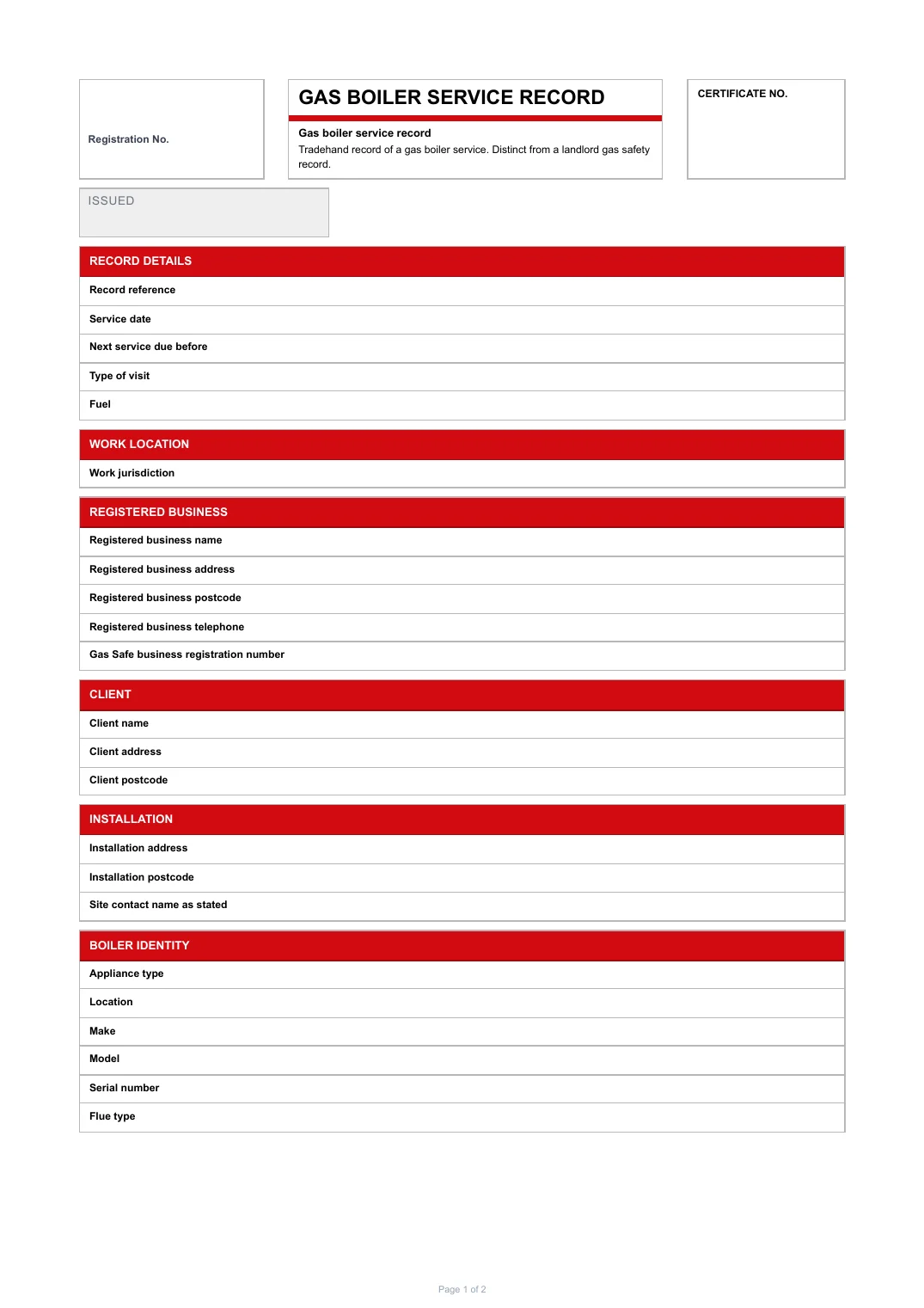 First page of the Gas boiler service record PDF rendered by Tradehand