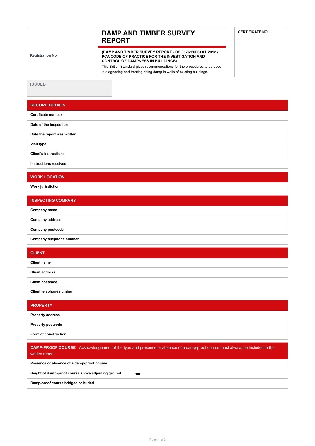 First page of the Damp and Timber Survey Report PDF rendered by Tradehand