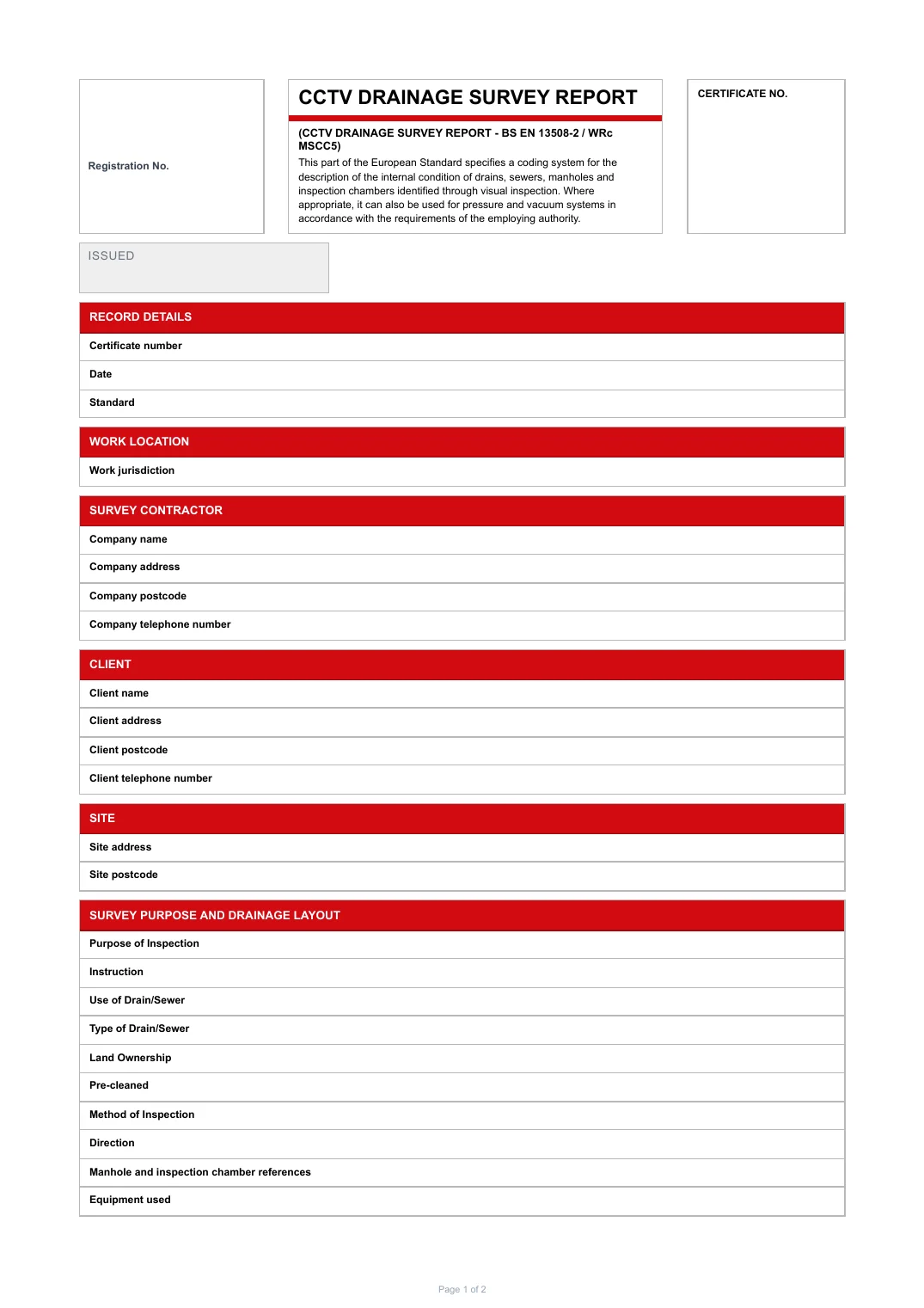 First page of the CCTV Drainage Survey Report PDF rendered by Tradehand