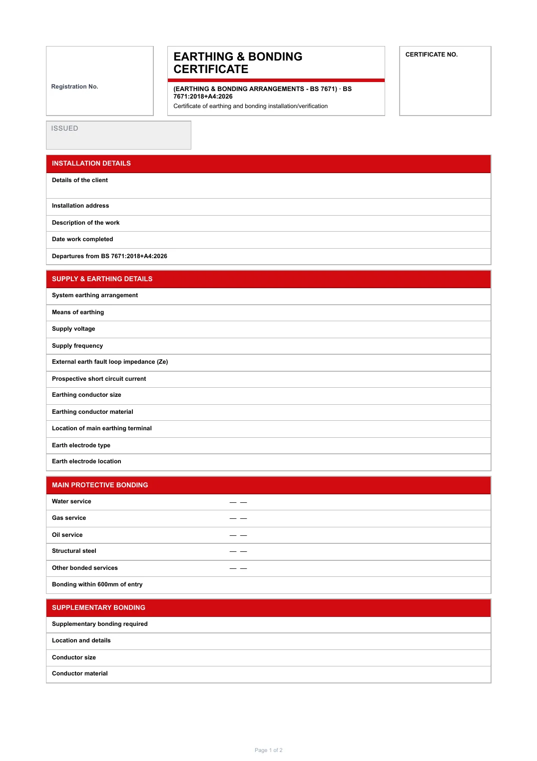 First page of the Earthing & Bonding Certificate PDF rendered by Tradehand