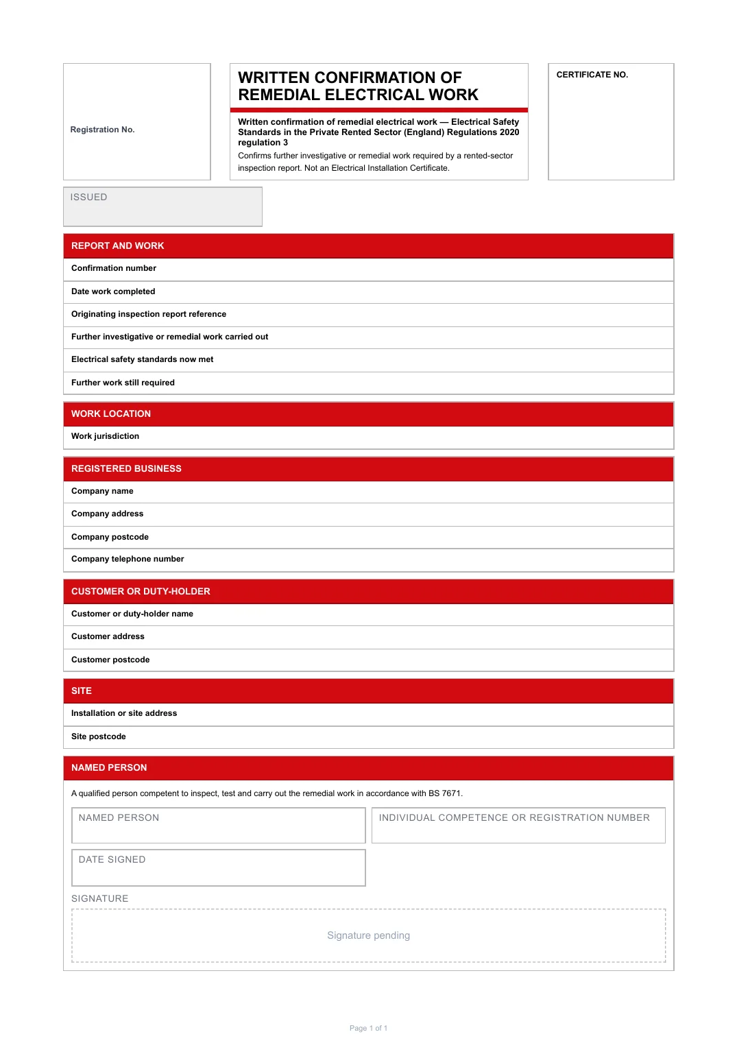 First page of the Written Confirmation of Remedial Electrical Work PDF rendered by Tradehand