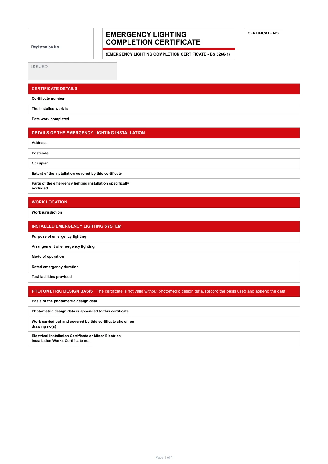 First page of the Emergency Lighting Completion Certificate PDF rendered by Tradehand