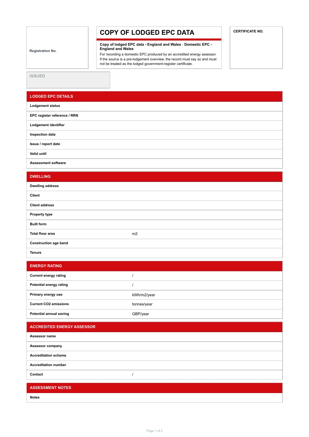 First page of the Copy of lodged EPC data PDF rendered by Tradehand