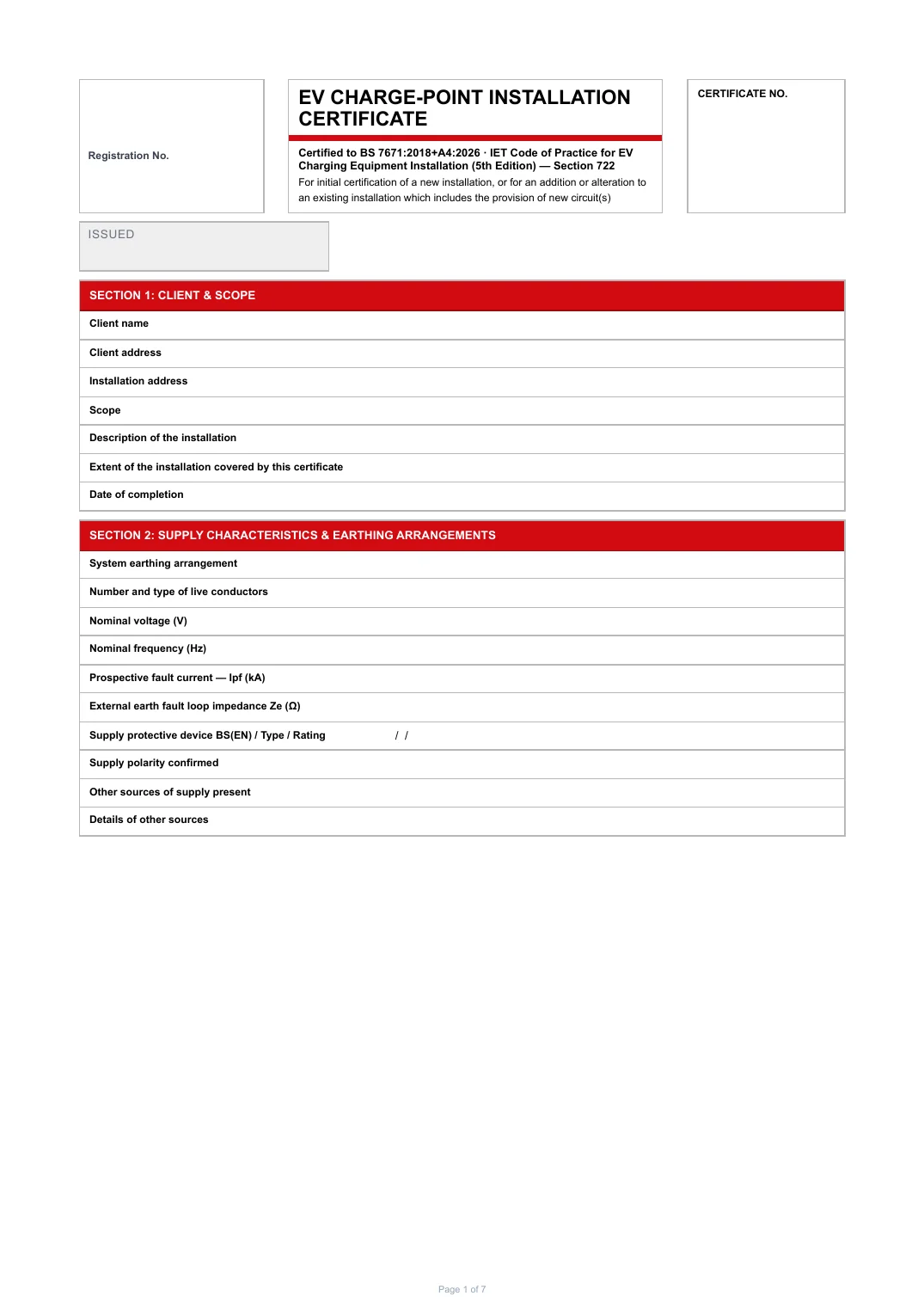 First page of the EV Charge-Point Installation Certificate PDF rendered by Tradehand