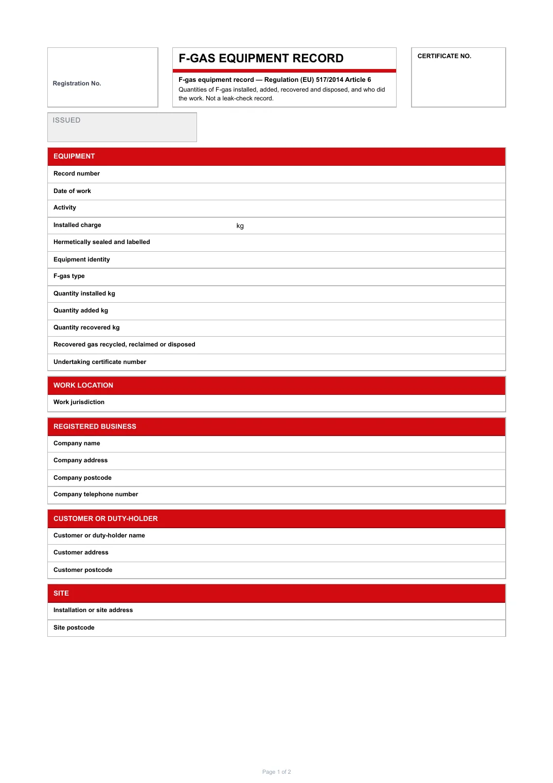 First page of the F-gas Equipment Record PDF rendered by Tradehand