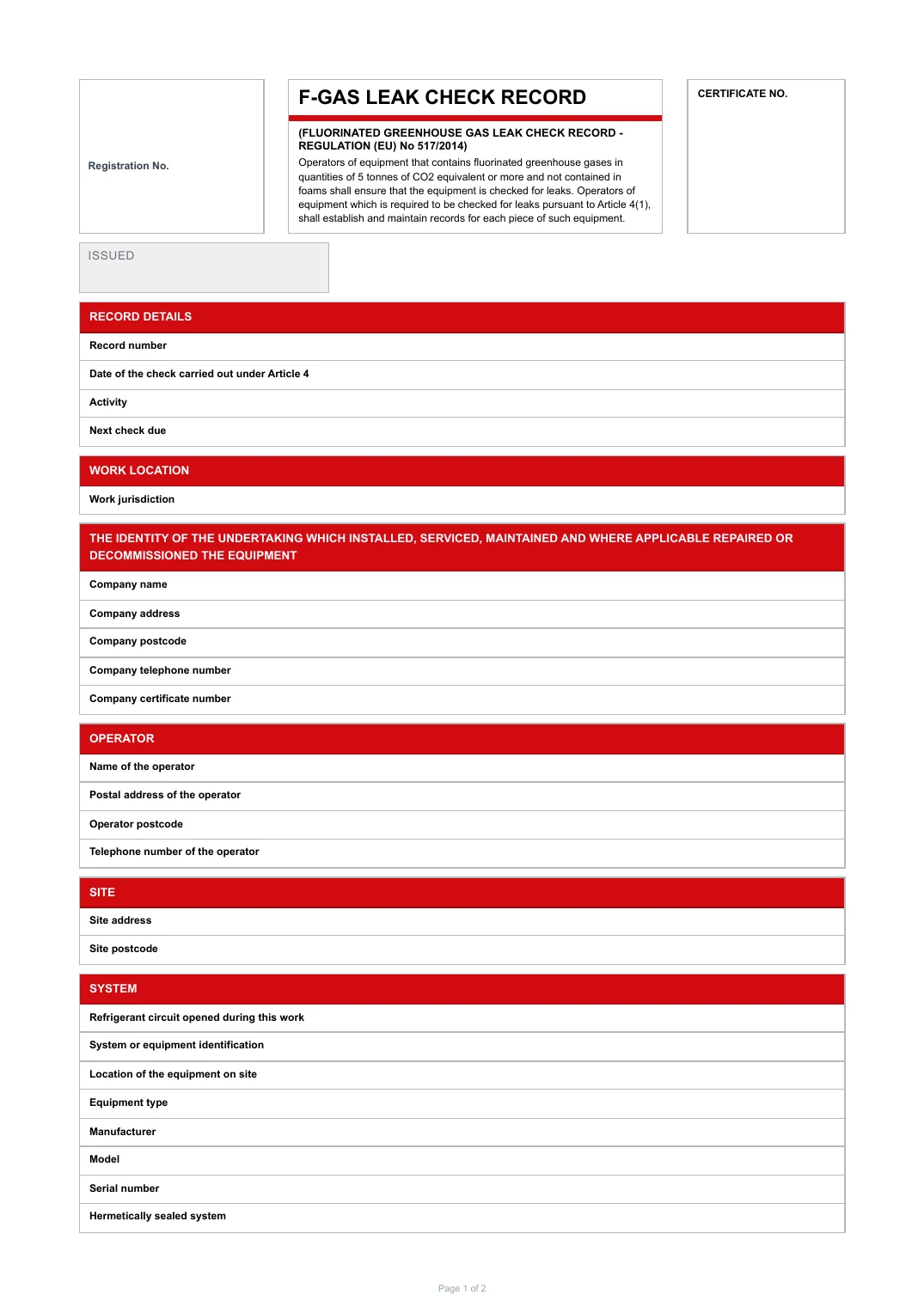 First page of the F-Gas Leak Check Record PDF rendered by Tradehand