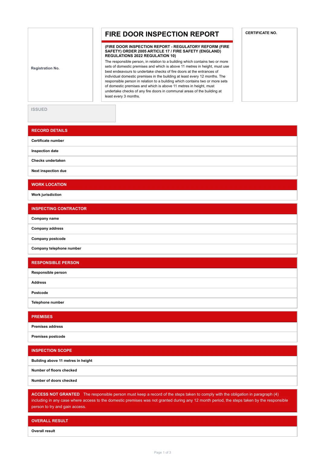 First page of the Fire Door Inspection Report PDF rendered by Tradehand