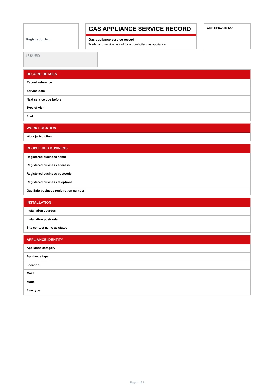 First page of the Gas appliance service record PDF rendered by Tradehand