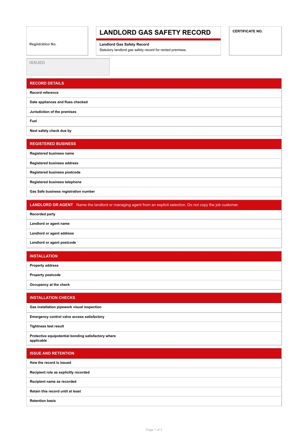 First page of the Landlord Gas Safety Record PDF rendered by Tradehand
