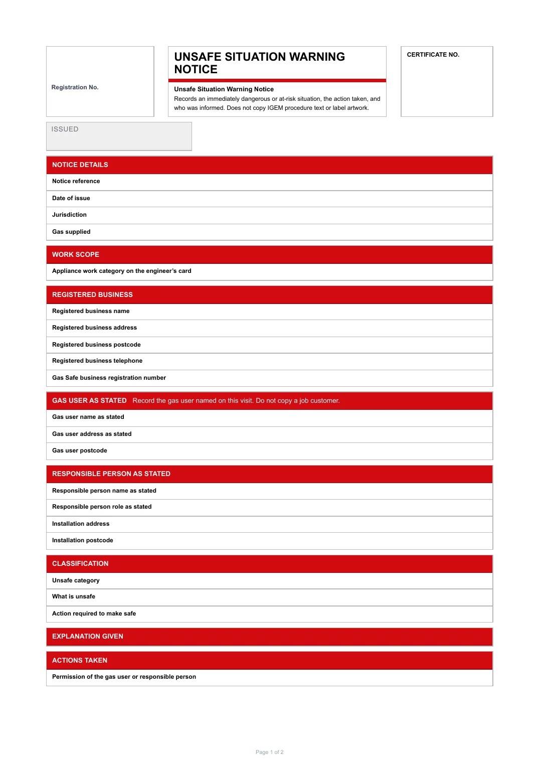 First page of the Unsafe Situation Warning Notice PDF rendered by Tradehand