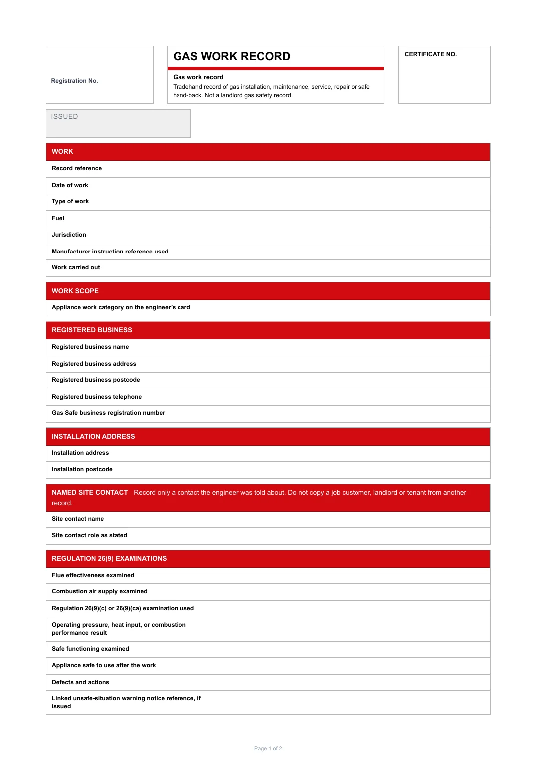 First page of the Gas work record PDF rendered by Tradehand