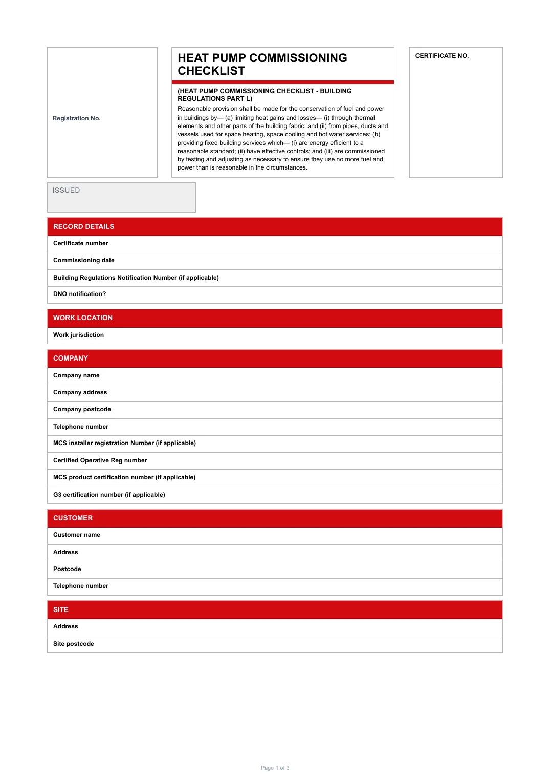 First page of the Heat Pump Commissioning Checklist PDF rendered by Tradehand