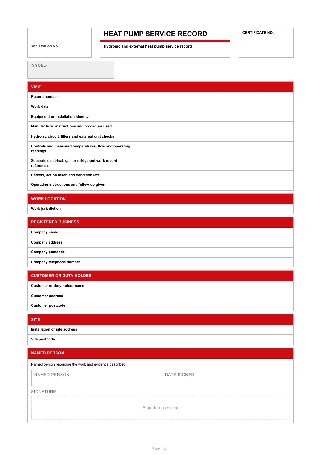 First page of the Heat pump service record PDF rendered by Tradehand