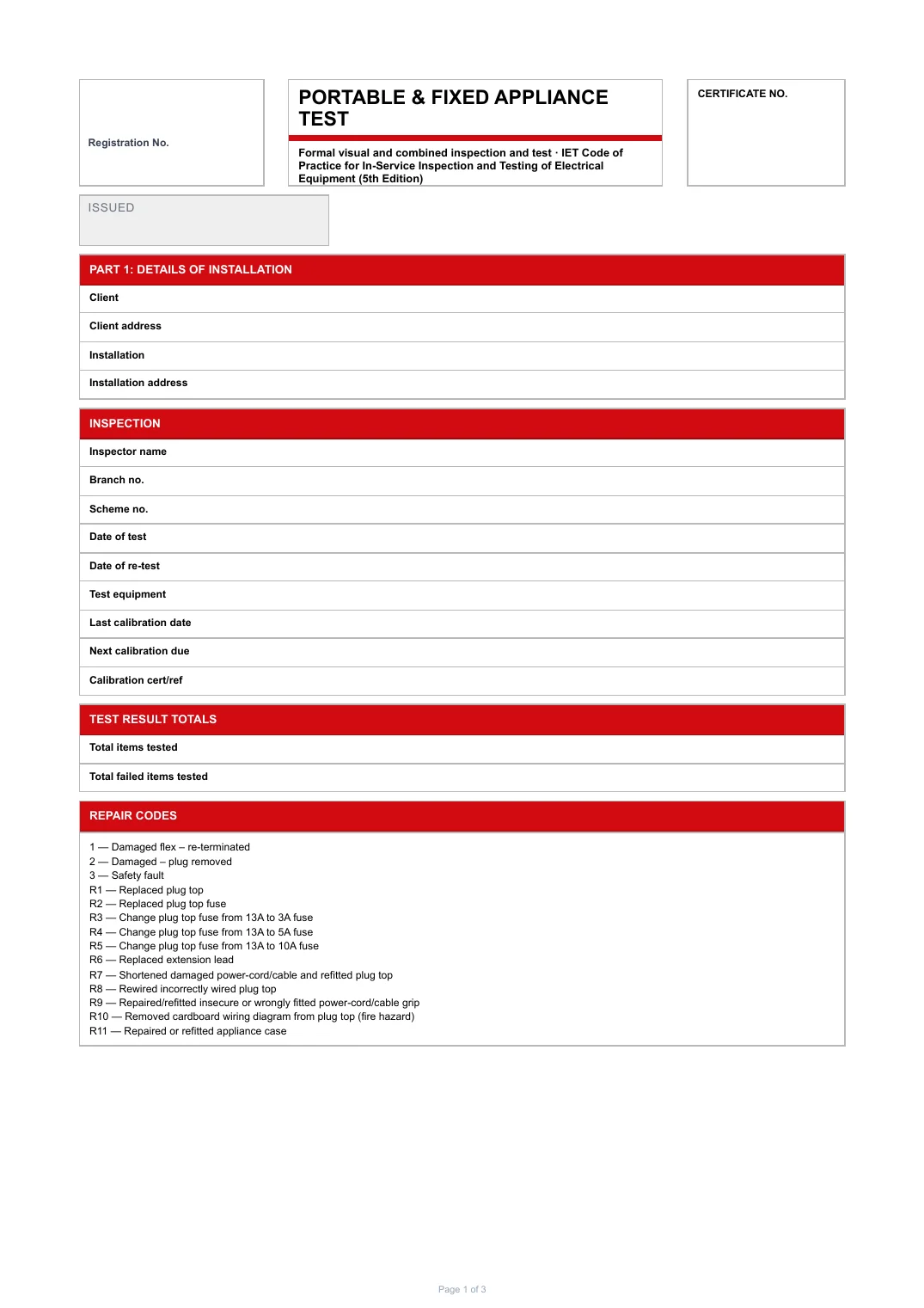 First page of the Portable & fixed appliance test PDF rendered by Tradehand