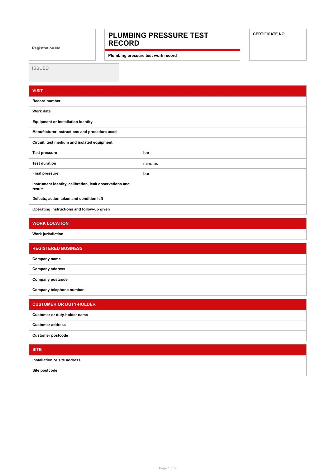 First page of the Plumbing pressure test record PDF rendered by Tradehand