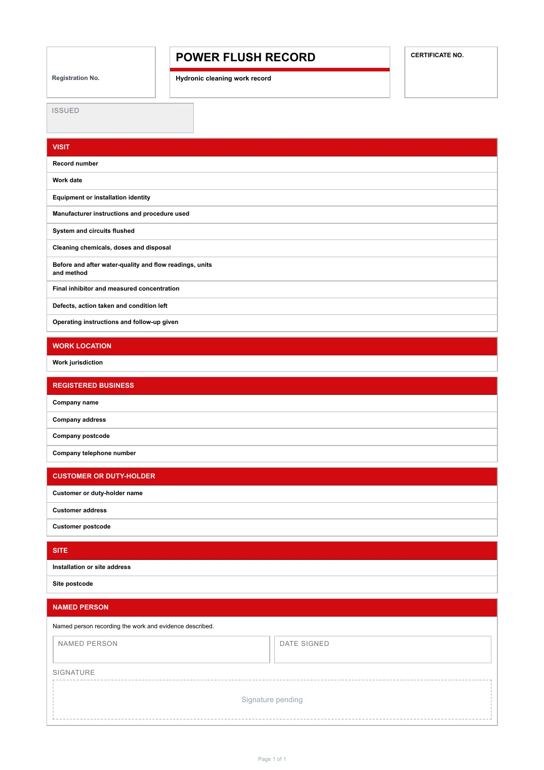 First page of the Power flush record PDF rendered by Tradehand