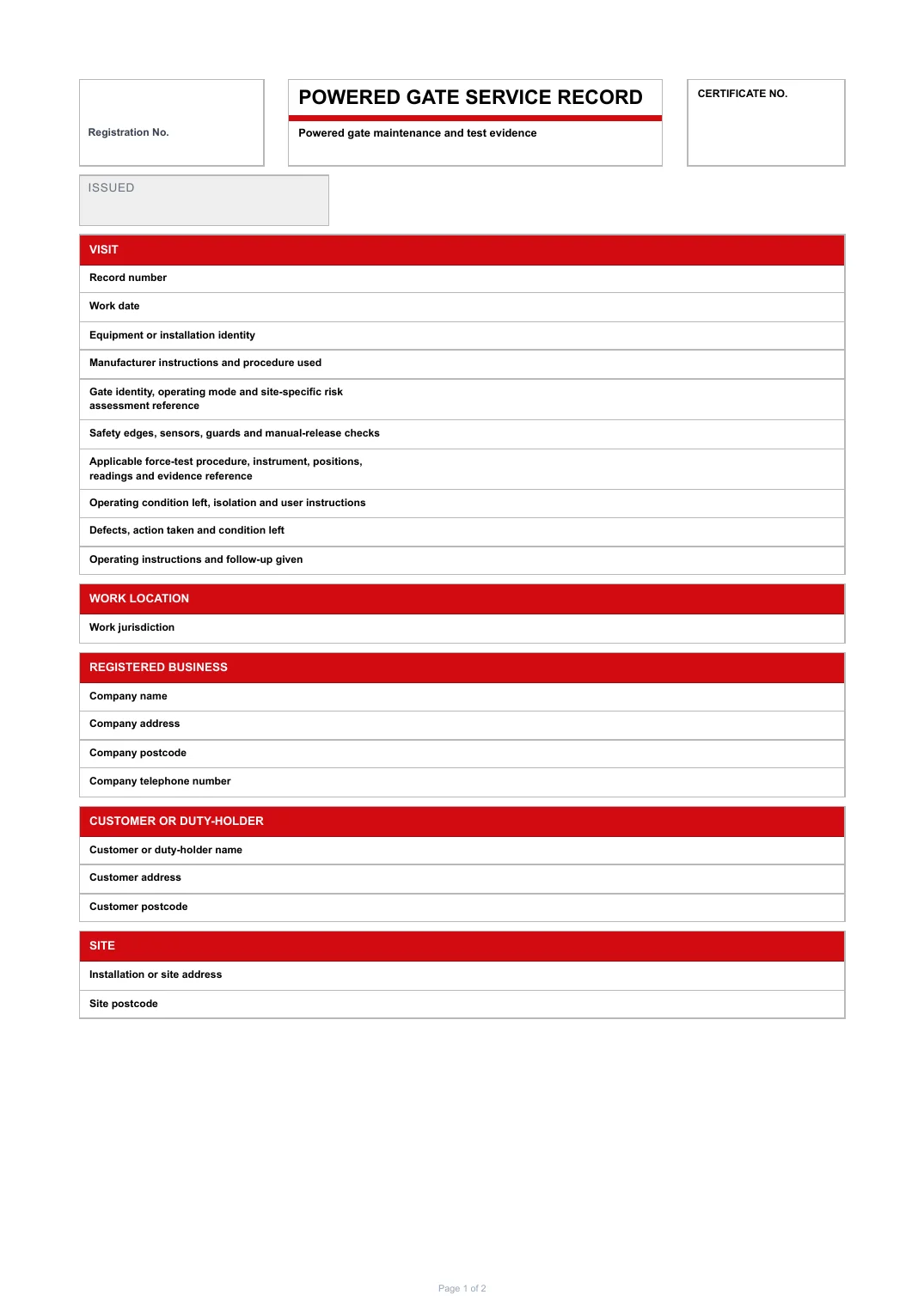 First page of the Powered gate service record PDF rendered by Tradehand