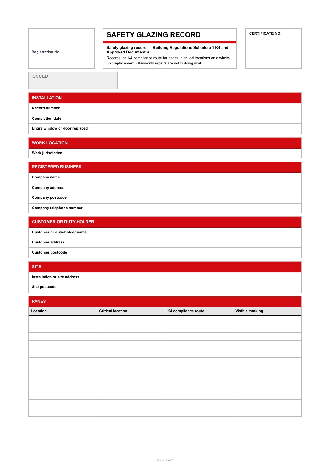 First page of the Safety Glazing Record PDF rendered by Tradehand