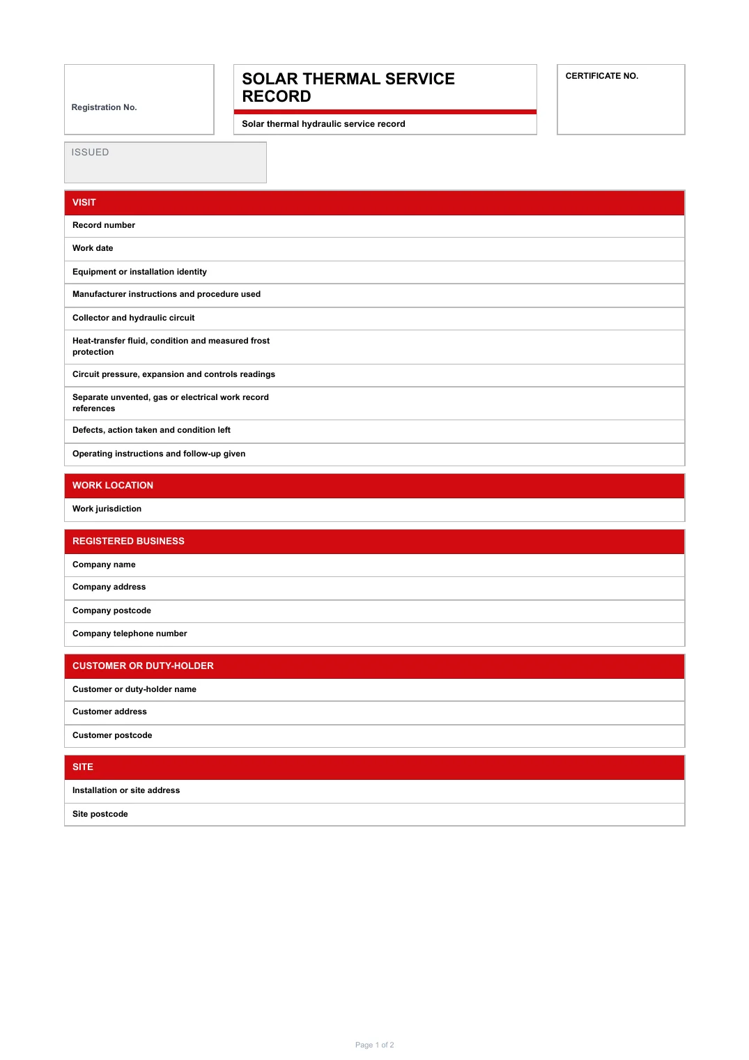 First page of the Solar thermal service record PDF rendered by Tradehand