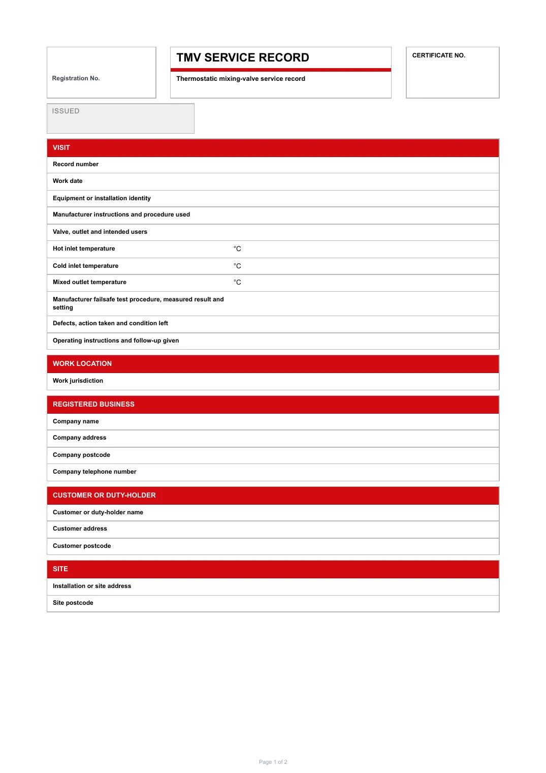 First page of the TMV service record PDF rendered by Tradehand