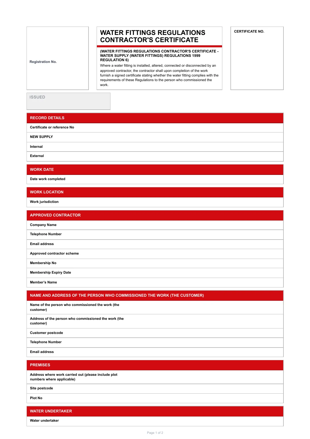 First page of the Water Fittings Regulations Contractor's Certificate PDF rendered by Tradehand