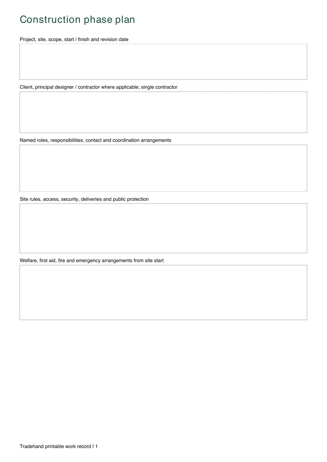 First page of the Construction Phase Plan Template PDF rendered by Tradehand