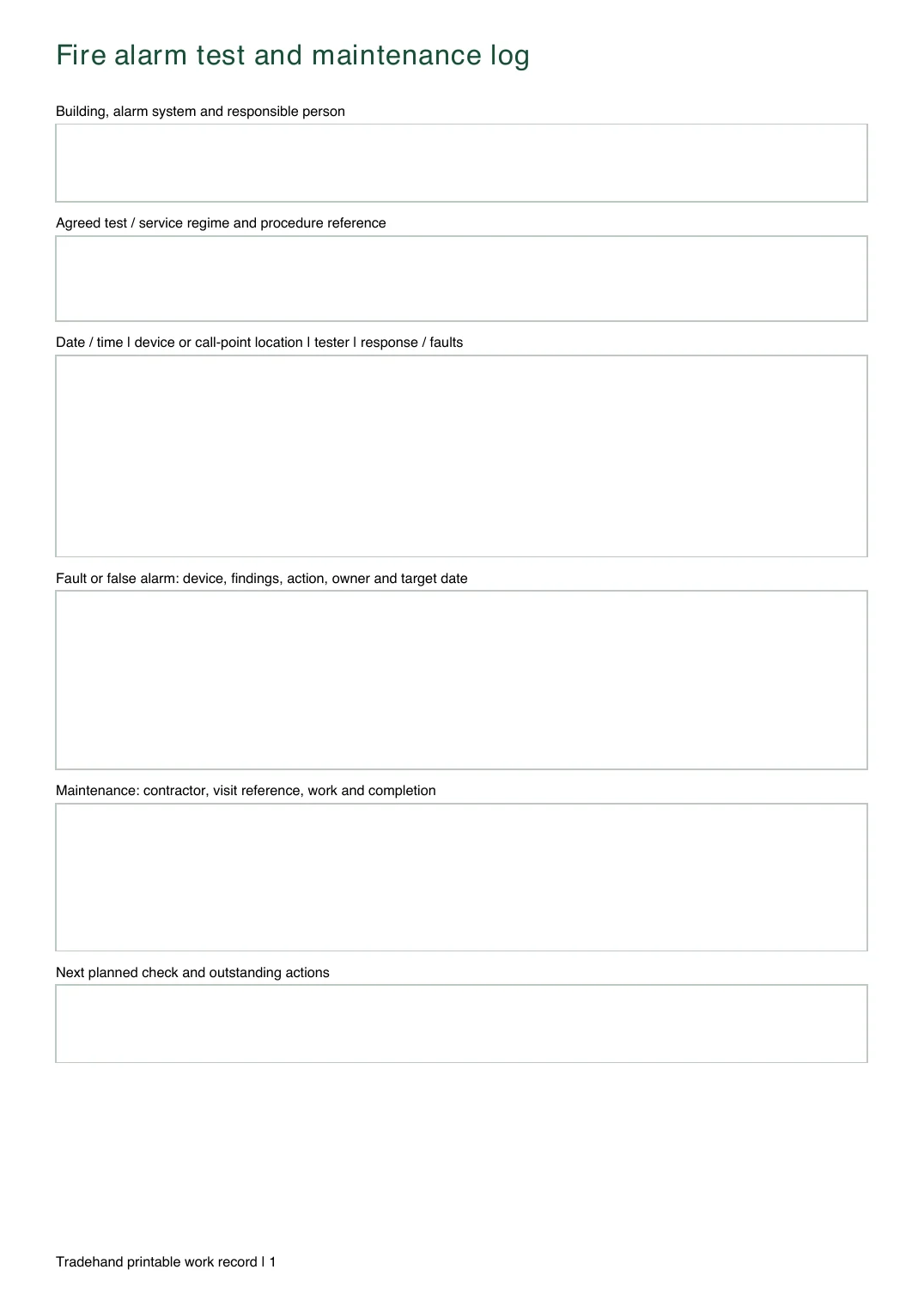 First page of the Fire Alarm Test Log Template PDF rendered by Tradehand