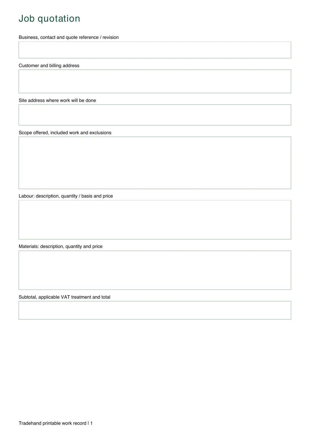 First page of the Job Quote Template PDF rendered by Tradehand