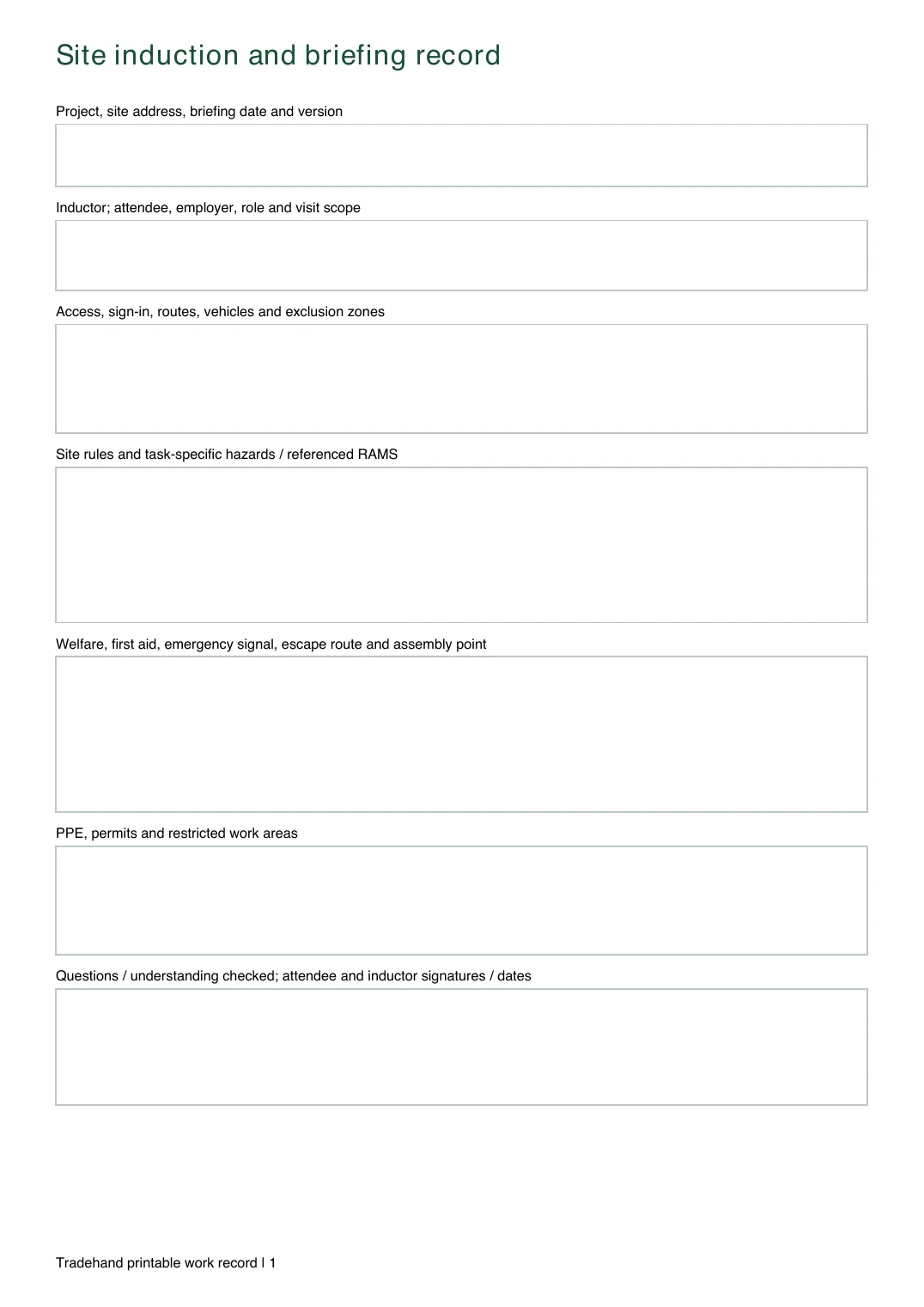 First page of the Site Induction Checklist PDF rendered by Tradehand